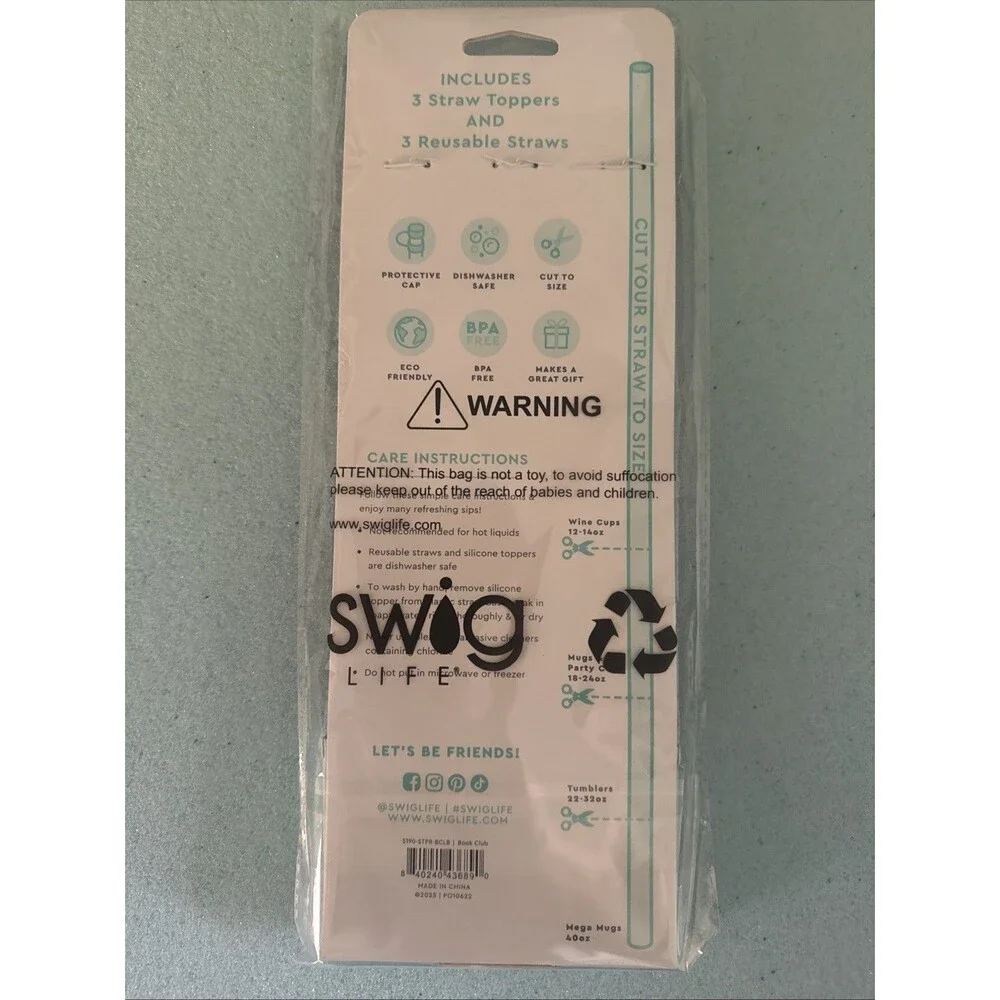 Swig Life Set Of 3 Straws W/ Toppers BOOK CLUB Books & Rainbow SEALED